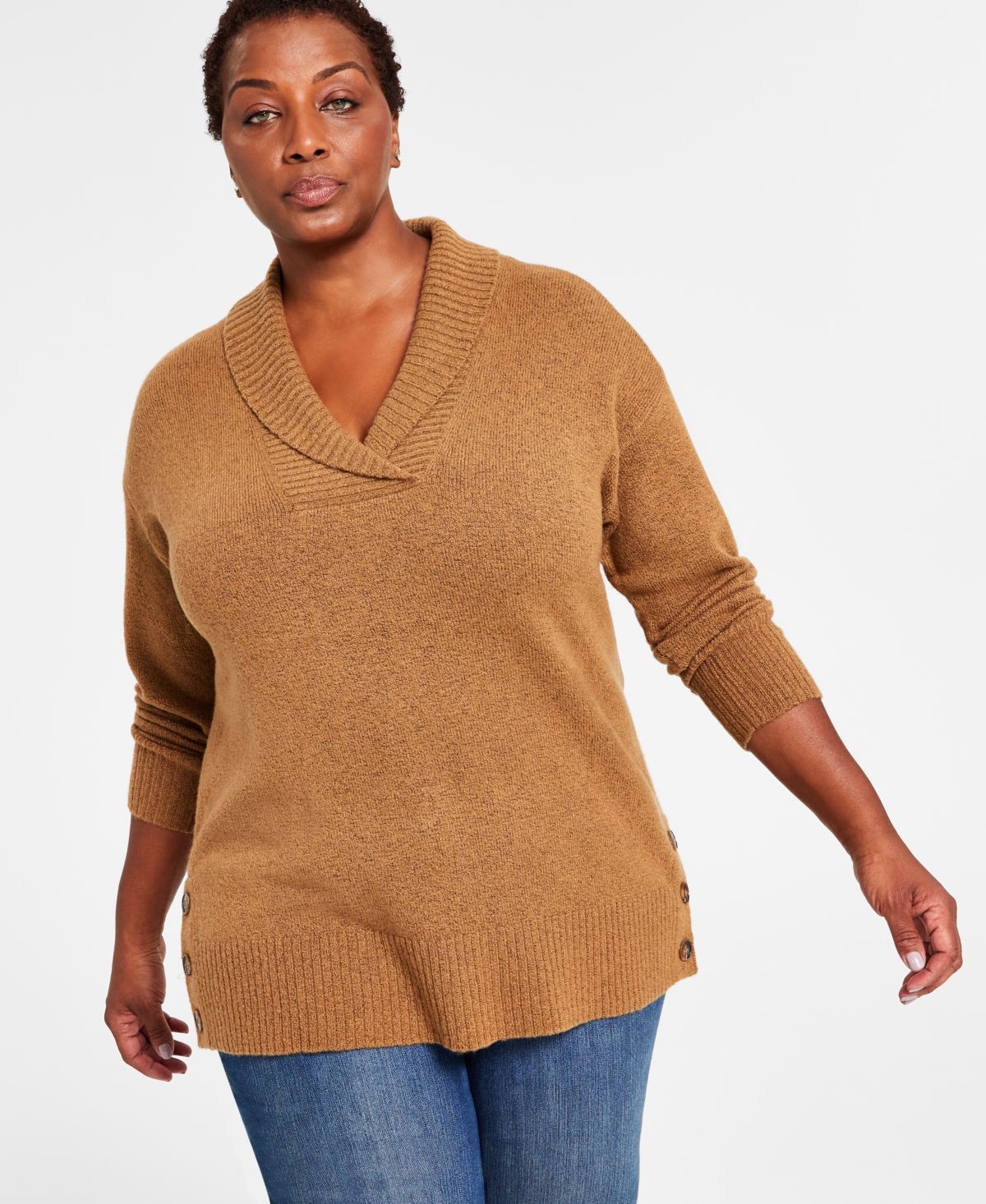 Style & Co Plus Size Shawl-collar Tunic Sweater, Created For Macy's In Caramel Kiss