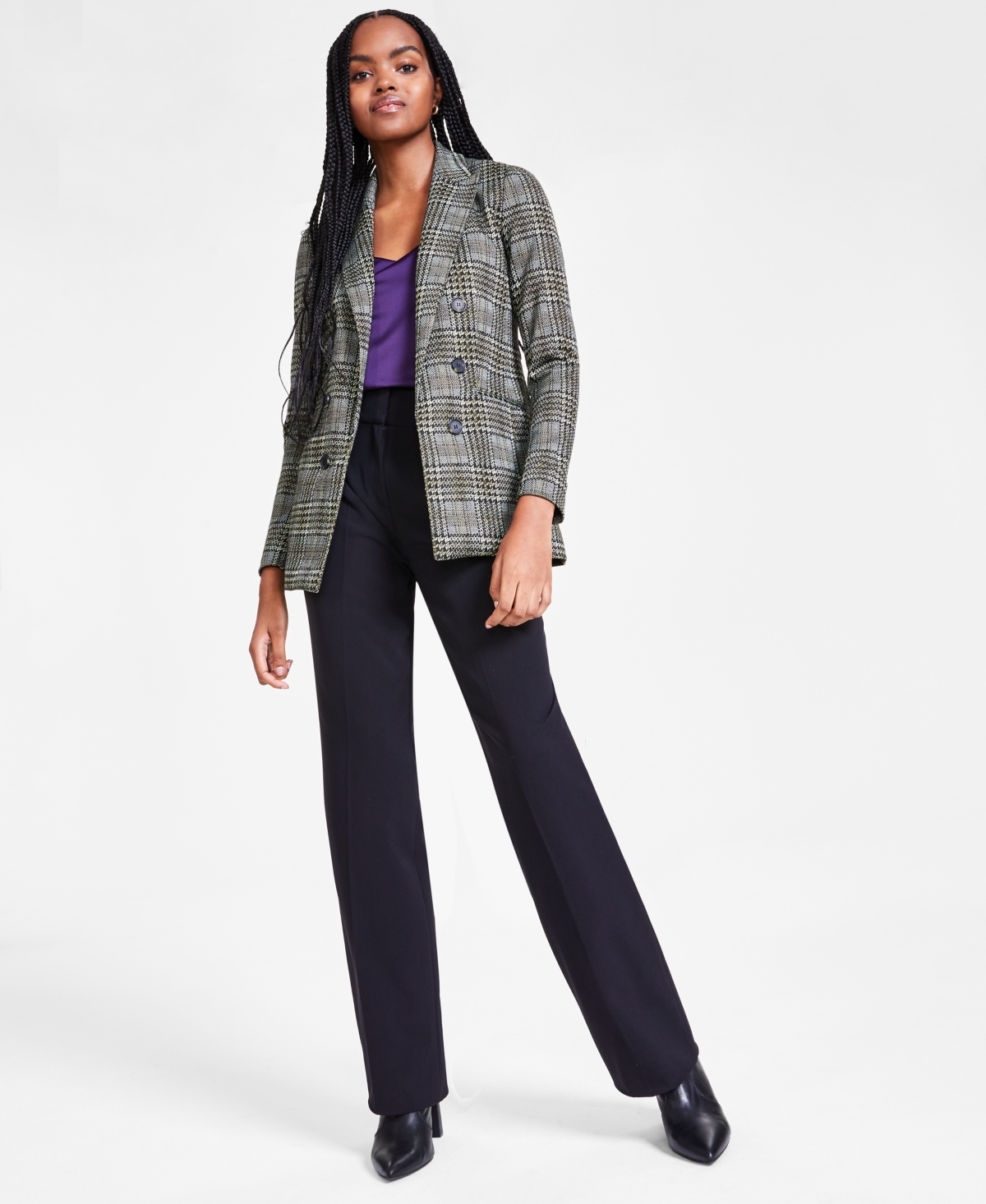 Women's Multi-Plaid Faux-Breasted Jacket, Created for Macy's - Herb Garden Multi