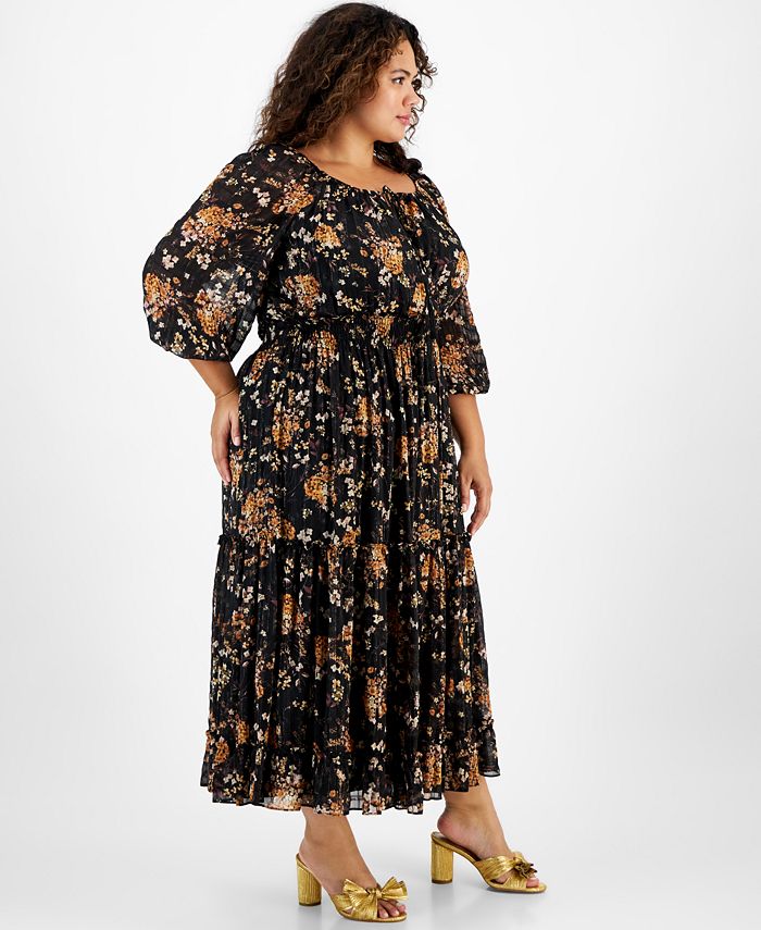 Taylor Women's Off The Shoulder Floral Print Chiffon Smocked Midi Dress