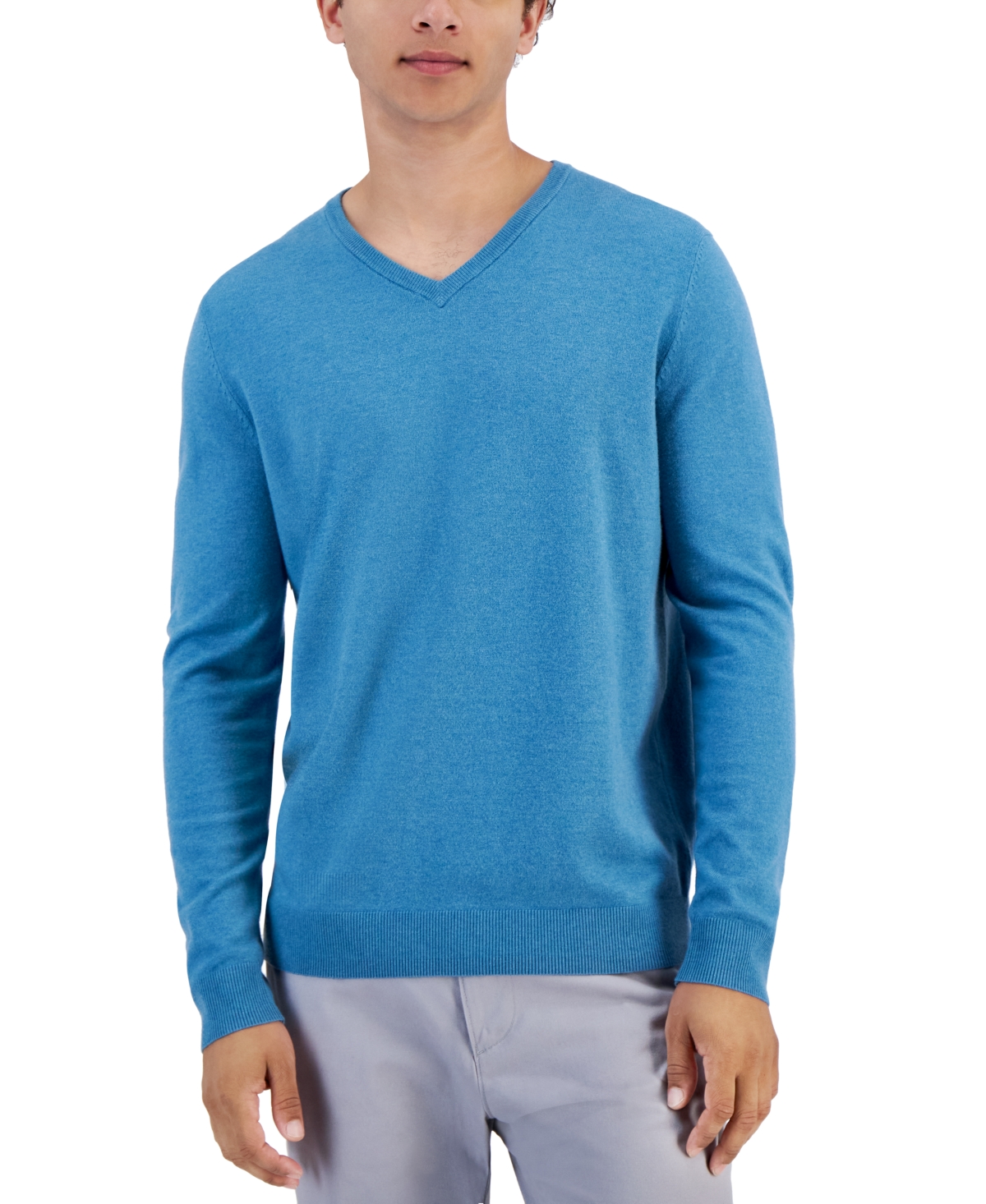 Men's Solid V-Neck Cotton Sweater, Created for Macy's - Deep Patina