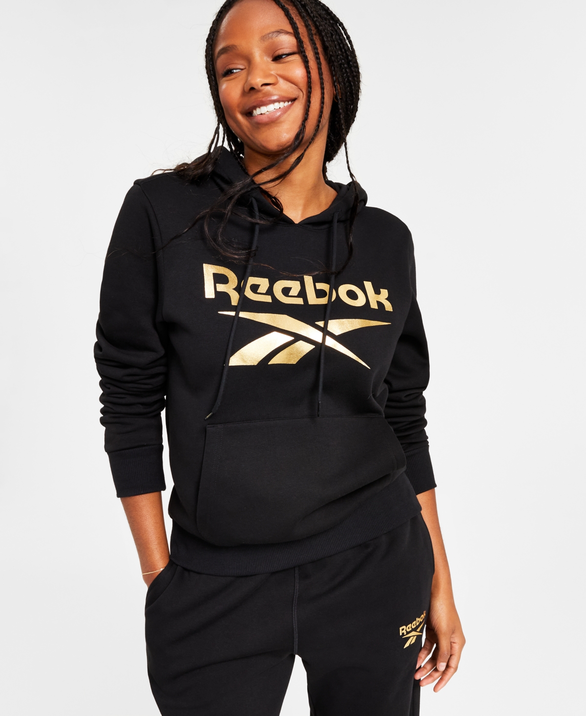 Reebok Women's Metallic Foil Logo Pullover Fleece Hoodie, A Macy's Exclusive In Black