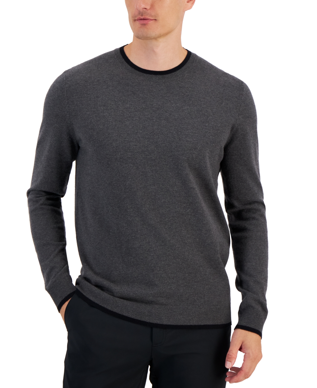 Alfani Men's Contrast Edge Crewneck Sweater, Created For Macy's In Dark Lead Heather Bn