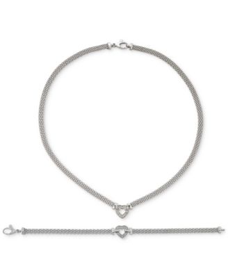 Macy's Diamond Heart Mesh Link Bracelet Necklace Collection In Sterling Silver