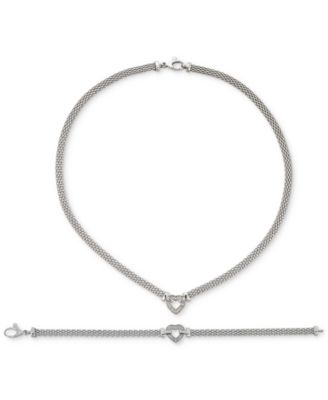 Macy's Diamond Heart Mesh Link Bracelet Necklace Collection In Sterling Silver In Sterling Silver