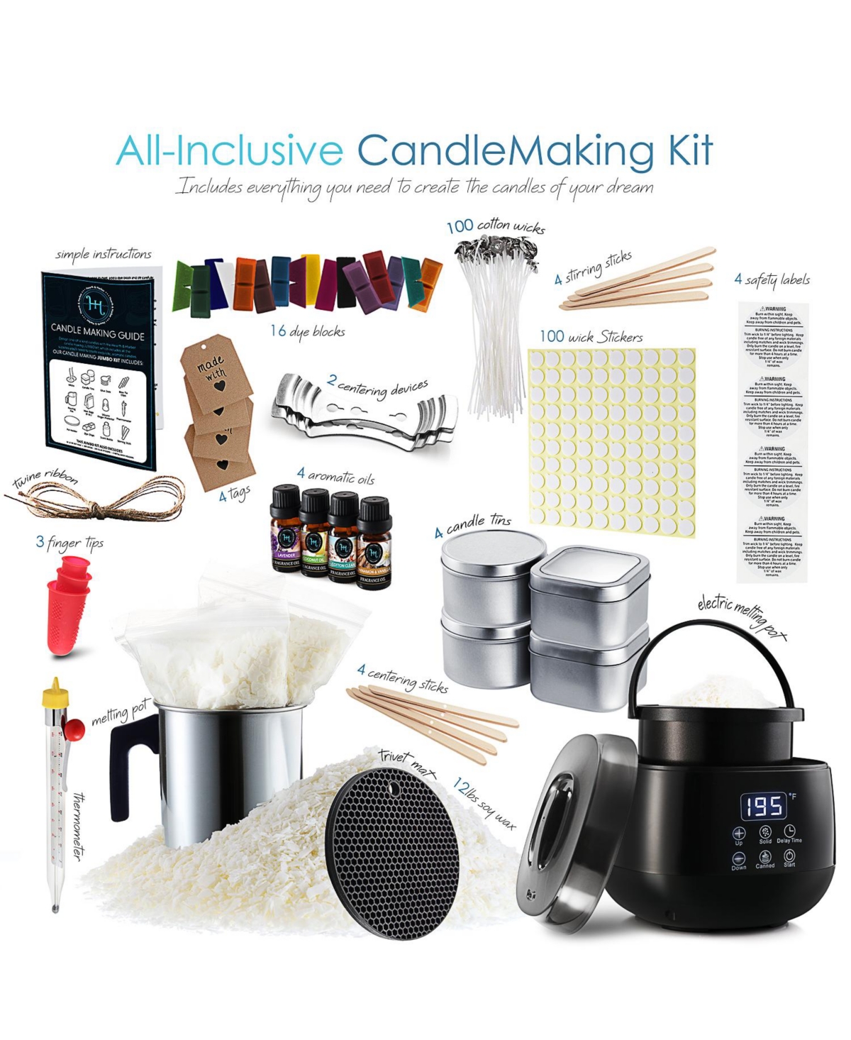 Hearth & Harbor Complete Diy Candle Making Kit for Adults & Kids - 12 Lb. Soy Wax & Electric Melting Pot