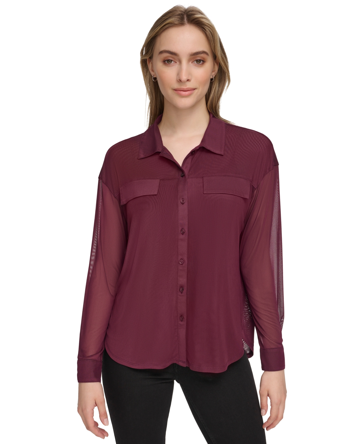 Calvin Klein Women's Mesh Button-front Shirt In Port
