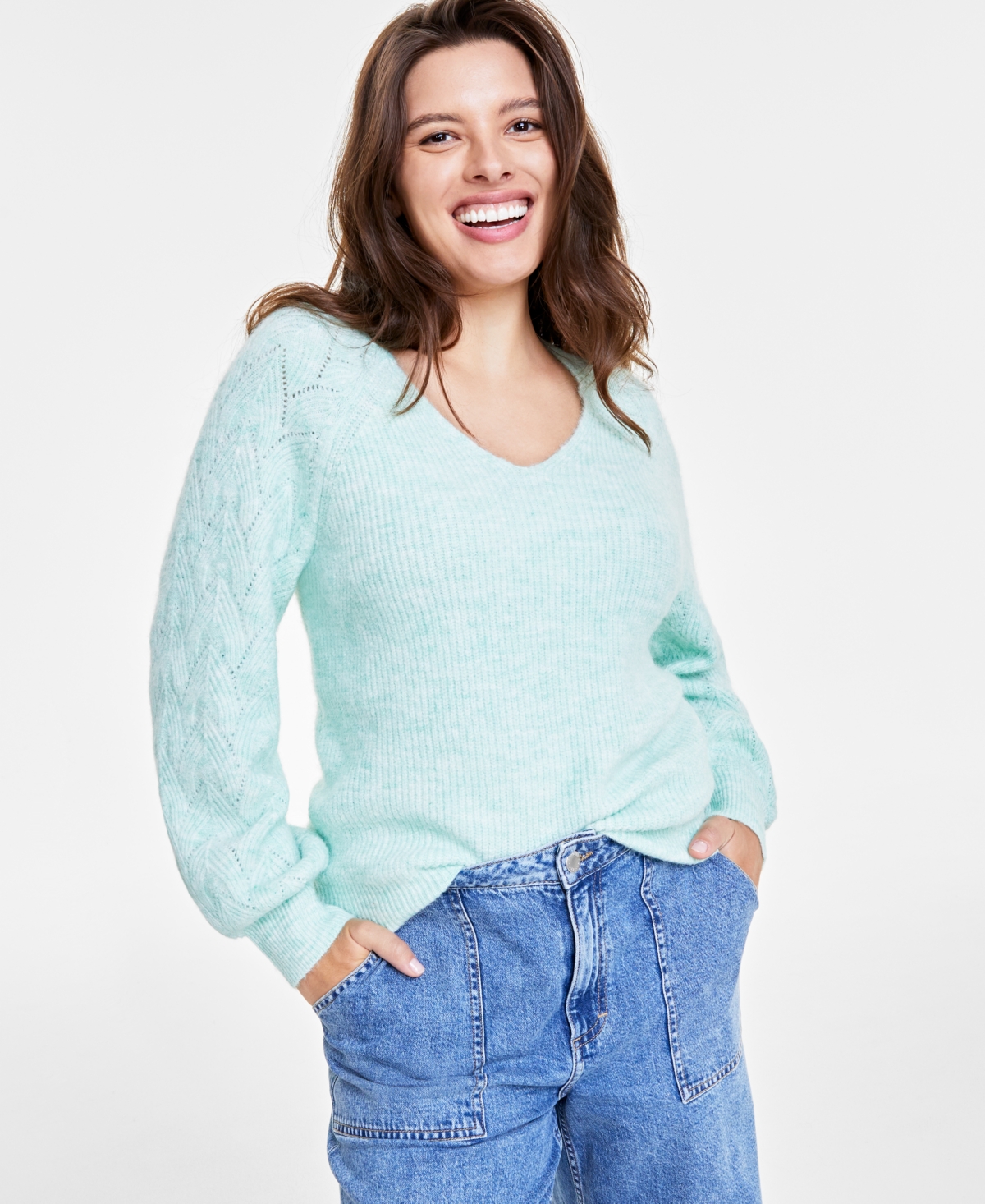On 34th Women's V-neck Pointelle-sleeve Sweater, Created For Macy's In Mint Frost Heather