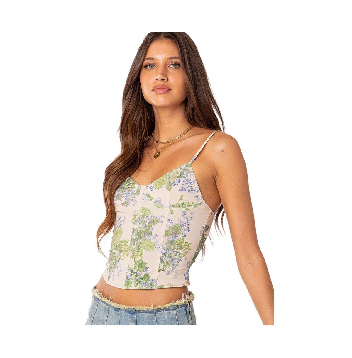 Women's Garden Party Printed Mesh Corset Top - Green-and-cream