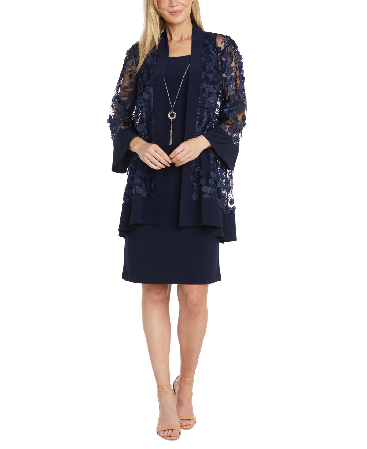 Women's 2-Pc. 3D Floral-Embroidered Jacket & Necklace Dress - Navy