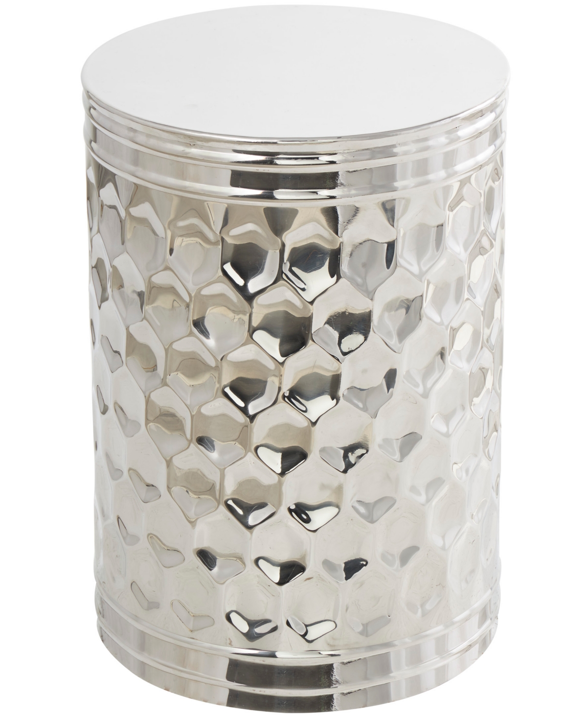 Rosemary Lane 18" Stainless Steel Drum Geometric With Hexagon Patterned Exterior Accent Table In Silver