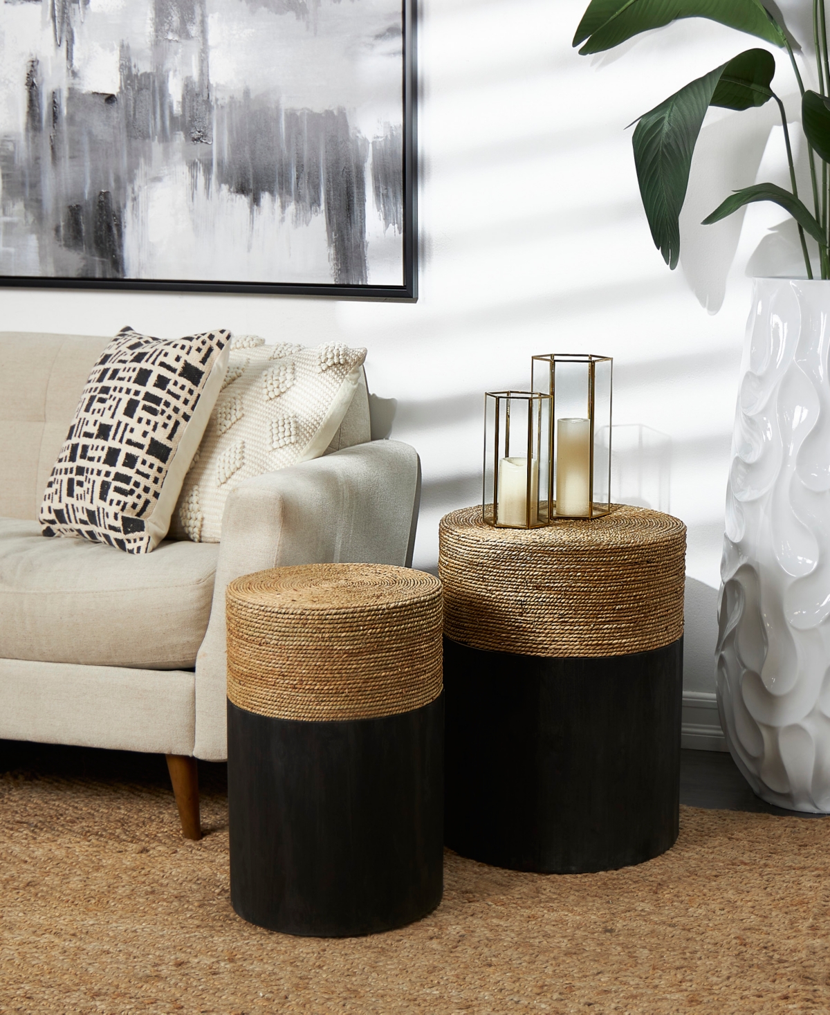 Rosemary Lane 20" and 18" Wood Handmade Color Block Wrapped with Dried Plant Tabletops Accent Table, Set of 2