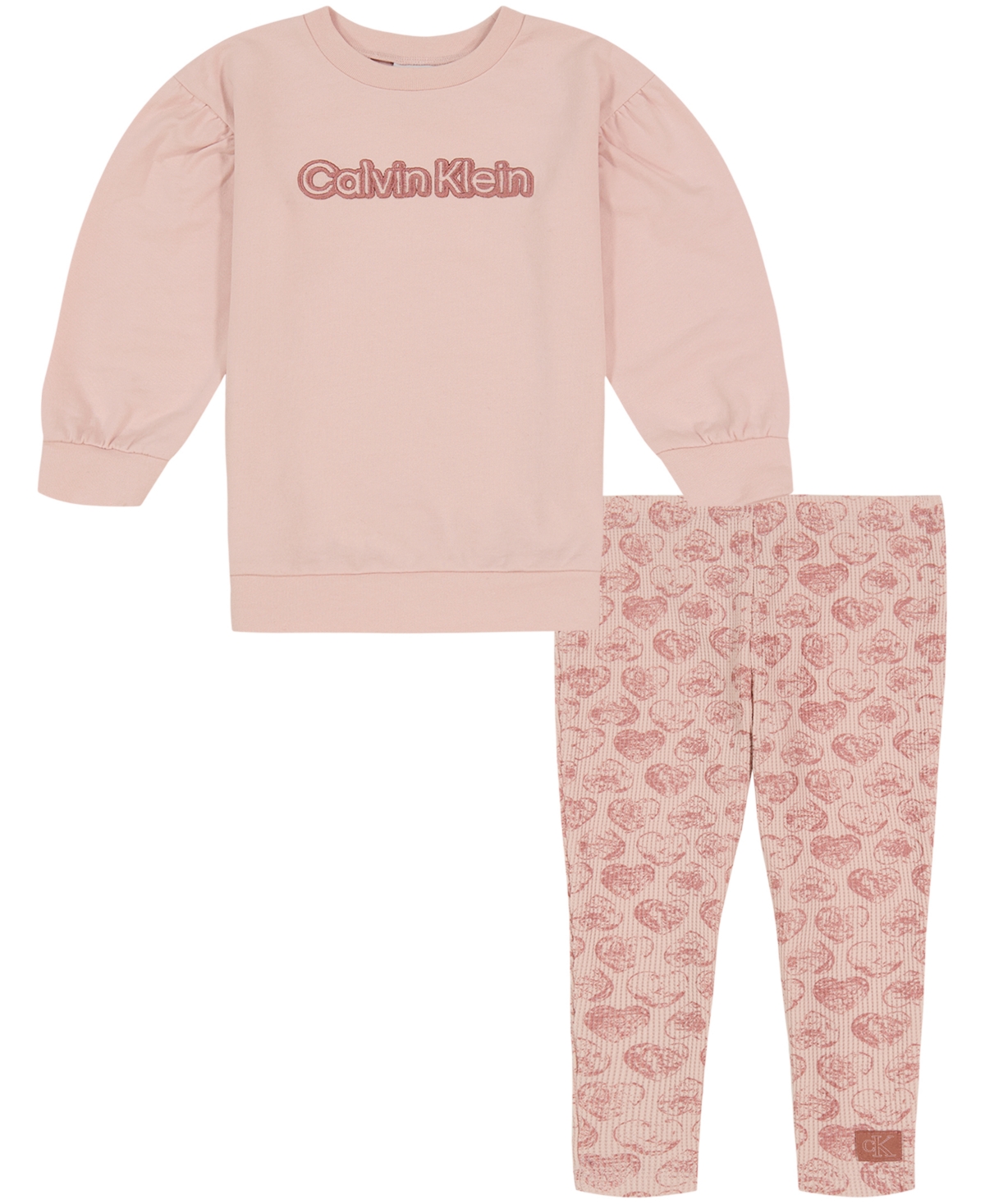 Calvin Klein Little Girls French Terry Puff Sleeve Logo Tunic And Waffle-knit Print Leggings, 2 Piece Set In Pink