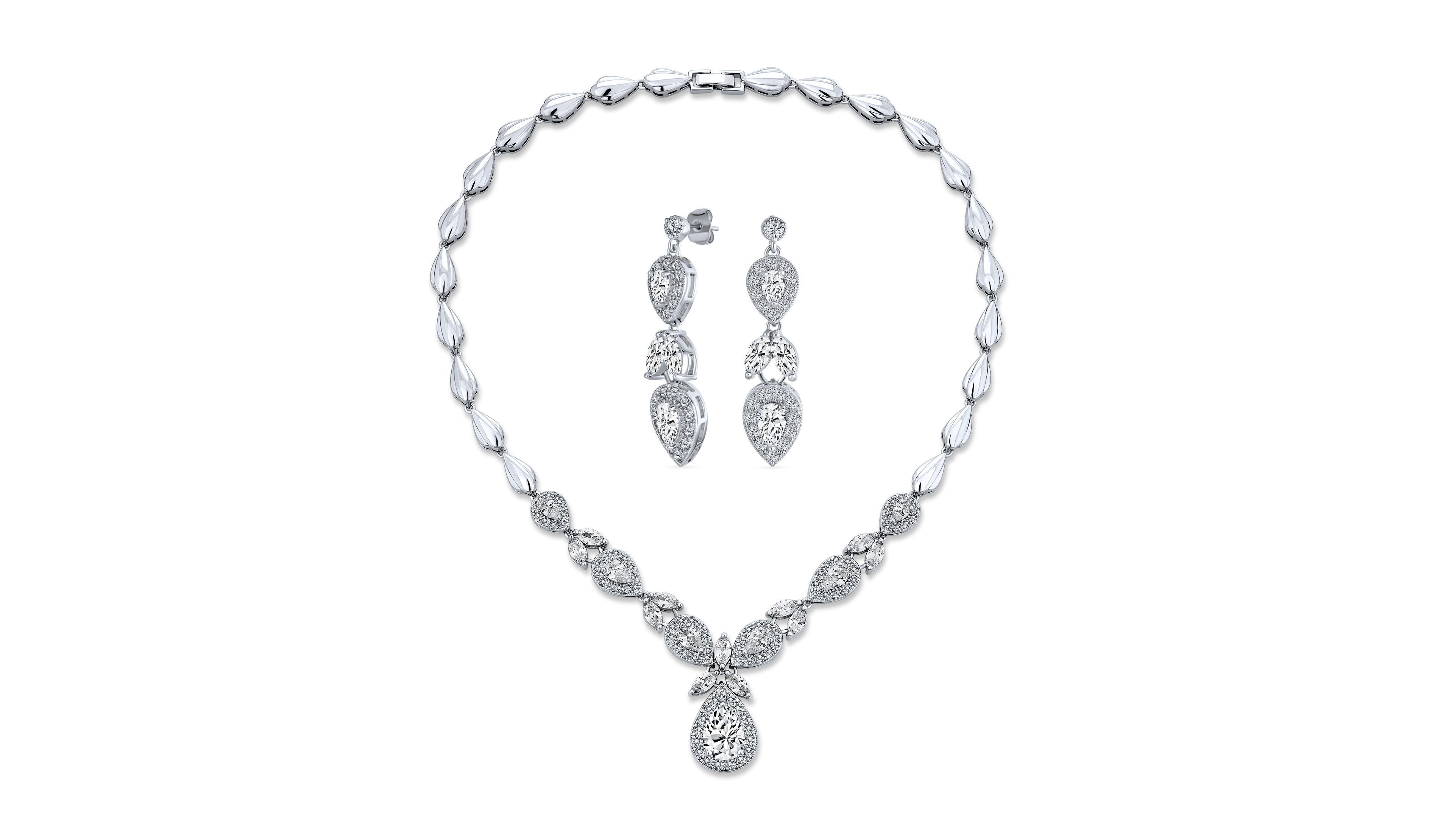 Bling Jewelry Jewelry Set Marquise Leaf Starburst Necklace & Earrings Silver Plated