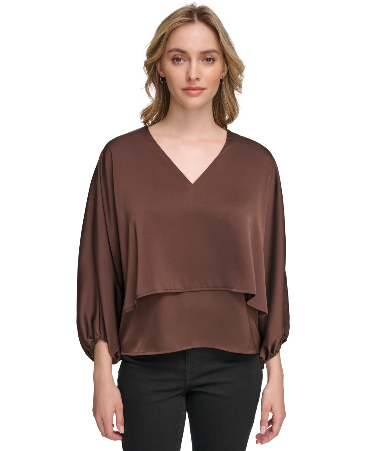 Calvin Klein Women's Layered 3/4-sleeve V-neck Top In Coffee Bean