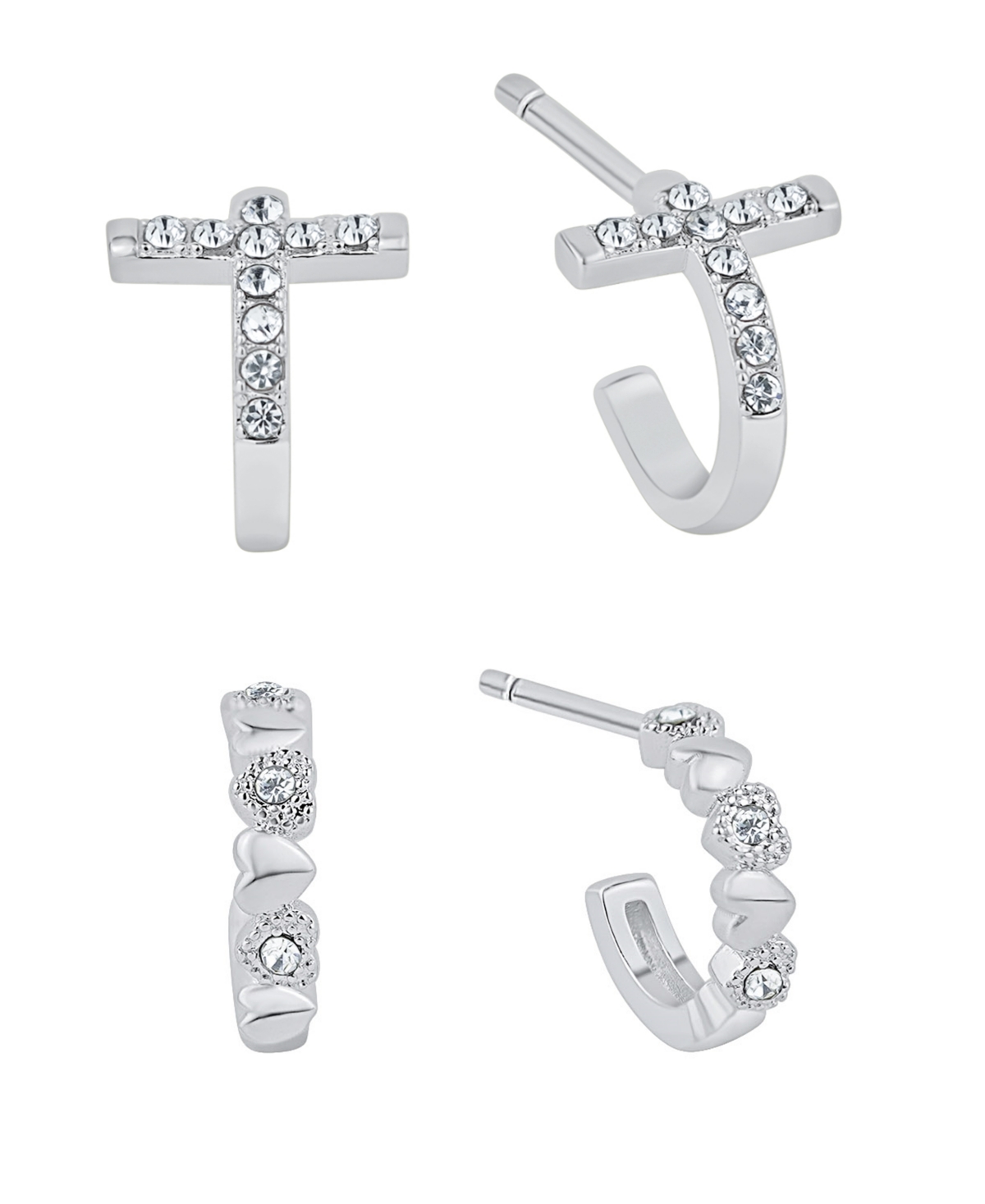 Crystal Heart And Cross Hoop Earring Set - Silver Plated