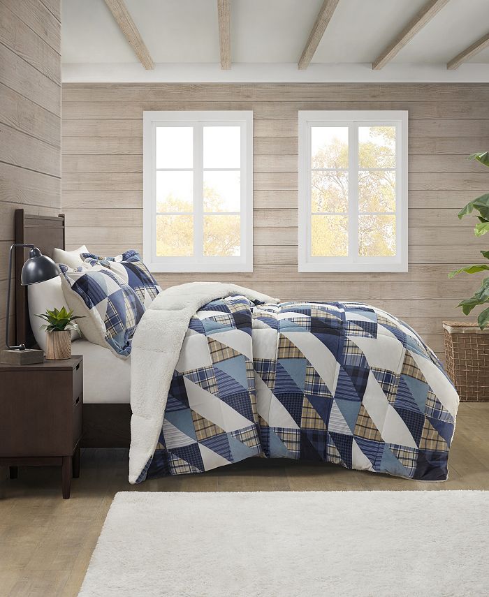Premier Comfort Reversible Velvet to Sherpa Comforter Set, King - Blue Houndstooth