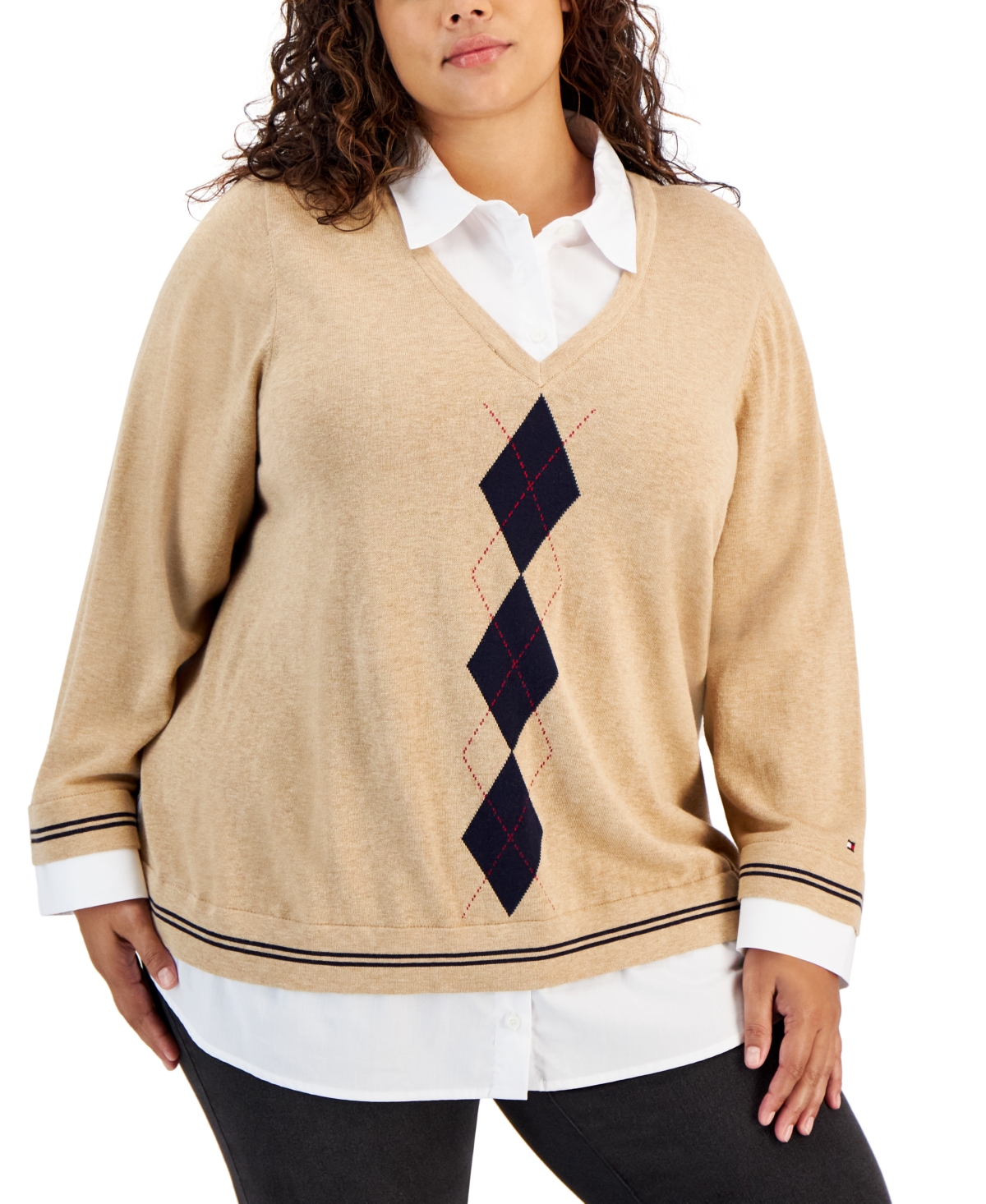 Shop Tommy Hilfiger Plus Size Cotton Layered-look Sweater In Light Heather Fawn