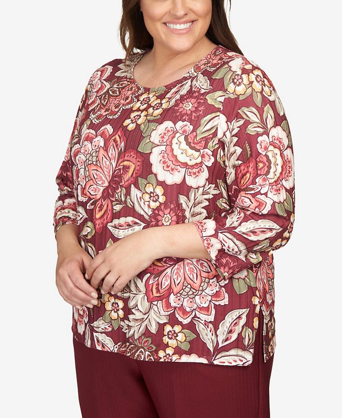 Camicia Alfred Dunner rossa ricamata manica 3/4, taglia PXL