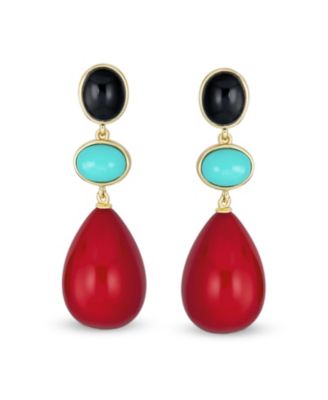 Unique Geometric dangling Teardrop Ball Teardrop Multi Shape Oval & 3 Multi-Tier Natural Gemstone Party Dangling Earrings for Women in 14K Yellow Gold Plated