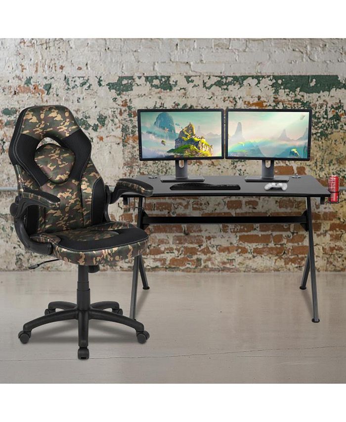 Offex Black Gaming Desk and Camouflage/Black Racing Chair Set with Cup