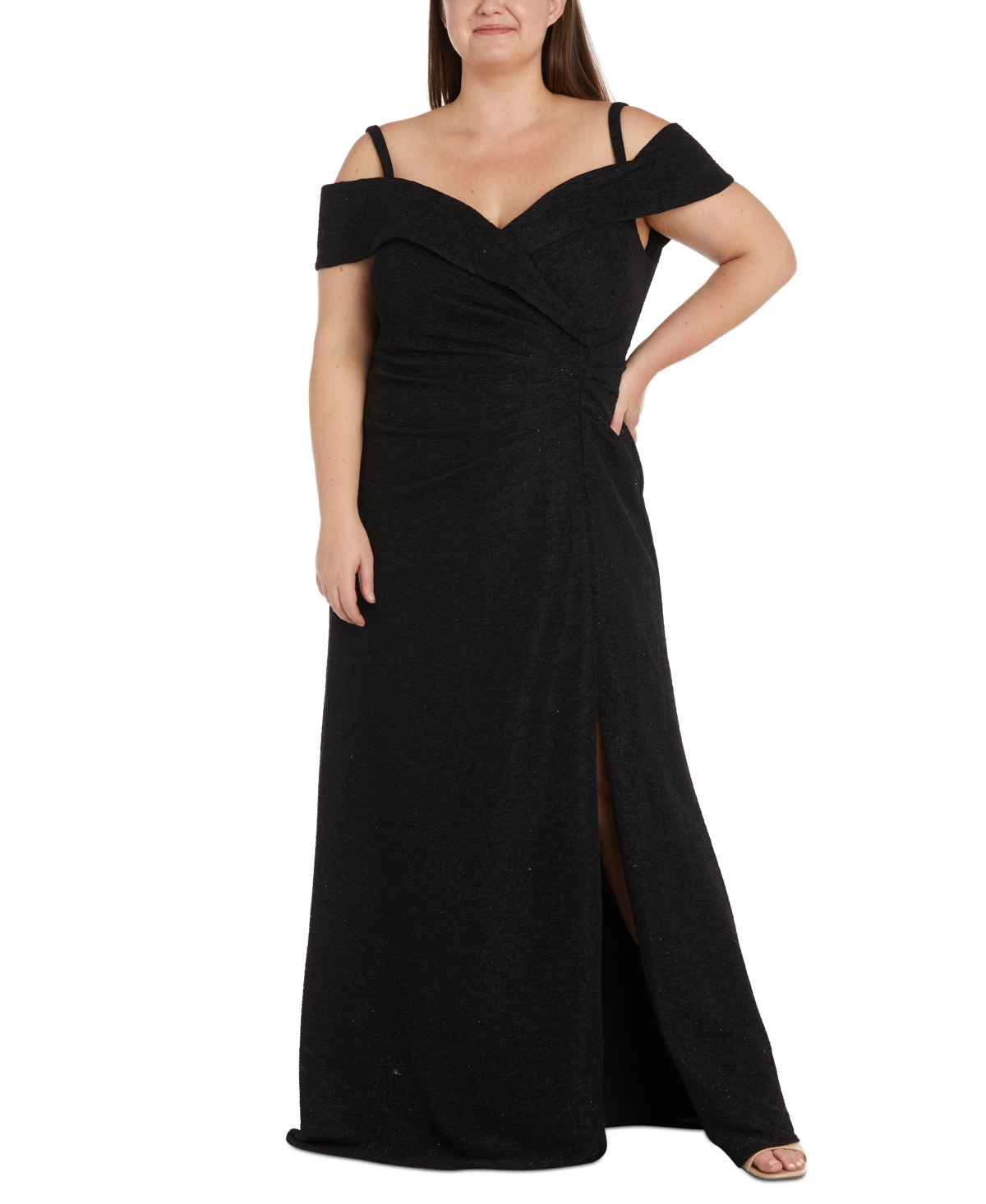 Nightway Plus Size Cold-shoulder Shimmering Ruched Gown In Black