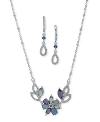 Anne Klein - Silver-Tone Blue Multi Flower Necklace & Drop Earrings Set