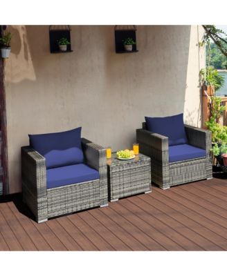 3 PC Patio Rattan Furniture Bistro Set Cushioned Sofa Chair Table