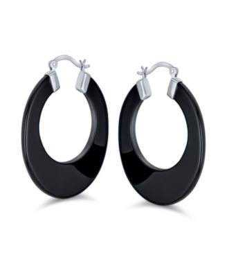 Wide Flat Stone Large Oval Hoop Earrings Sterling Silver 1.5 Inch Diameter