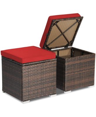 2 Pc Patio Rattan Storage Ottomans with Cushions