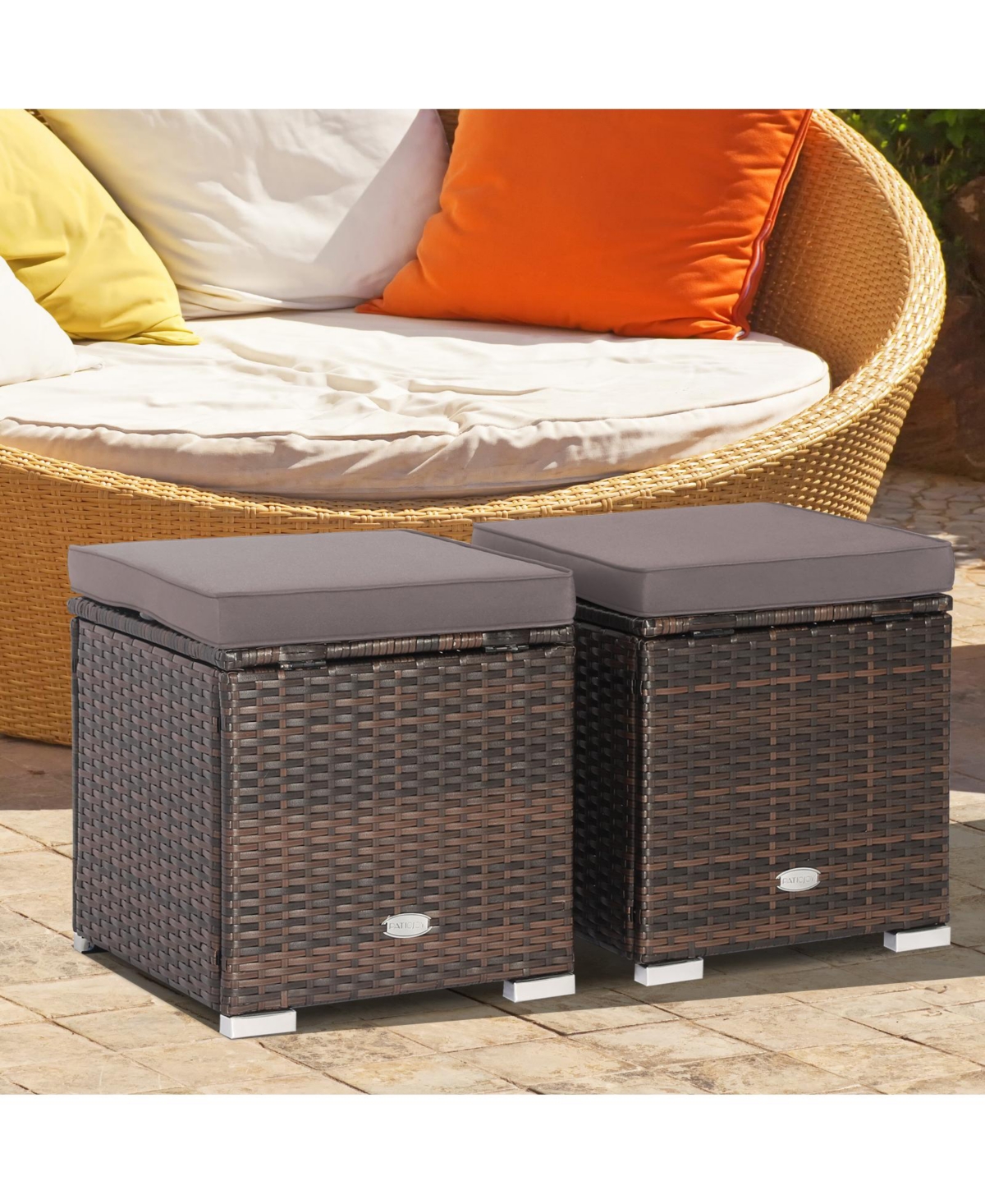 2PCS Patio Rattan Ottomans Seat Side Table Storage Box Footstool with Cushion
