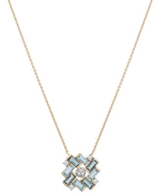 Macy's - Blue Topaz (1-1/4 ct. t.w.) & Lab-grown White Sapphire (1/8 ct. t.w.) Baguette Cluster 17" Pendant Necklace in 14k Gold-Plated Sterling Silver
