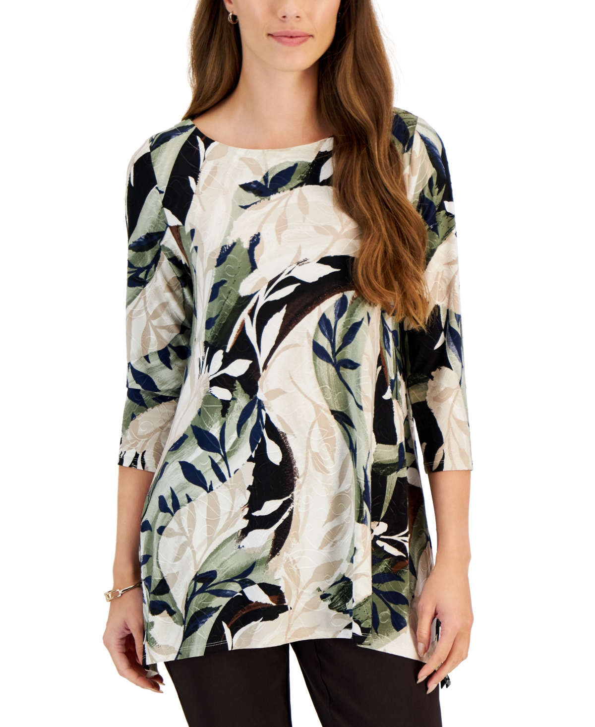 Jm Collection Women's Printed Jacquard Swing Top, Created For Macy's In Stone Combo