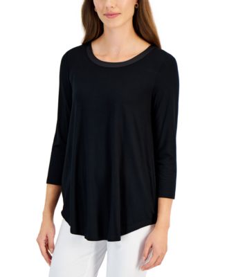 JM Collection - Petite Satin-Trim 3/4-Sleeve Top