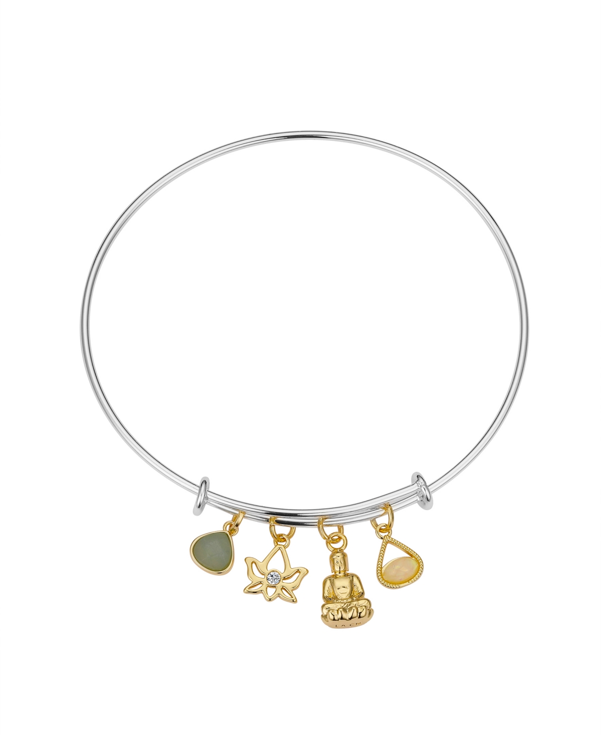 Genuine Amazonite Teardrop, Cubic Zirconia Lotus Flower and 14K Gold Plated Buddha Bracelet - Gold Two-Tone