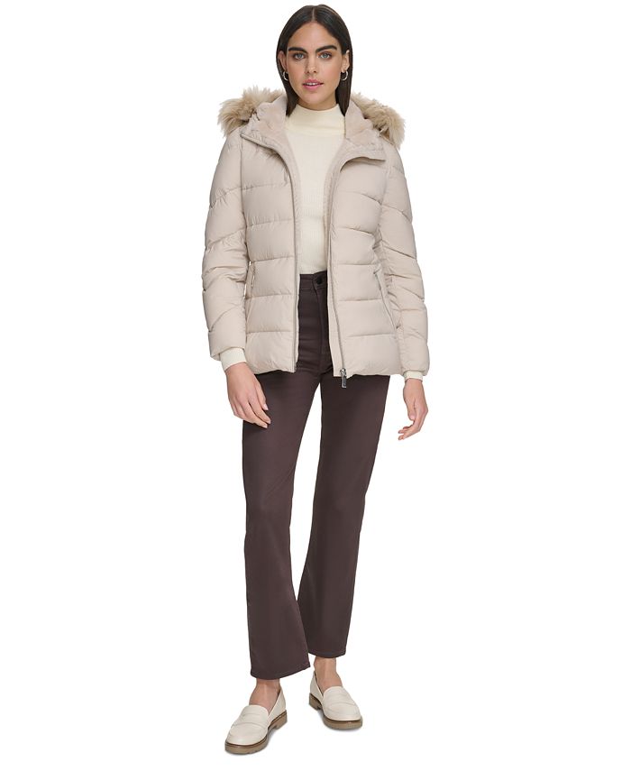 Calvin Klein Women's Stretch Faux-Fur-Trim Hooded Puffer Coat - Macy's