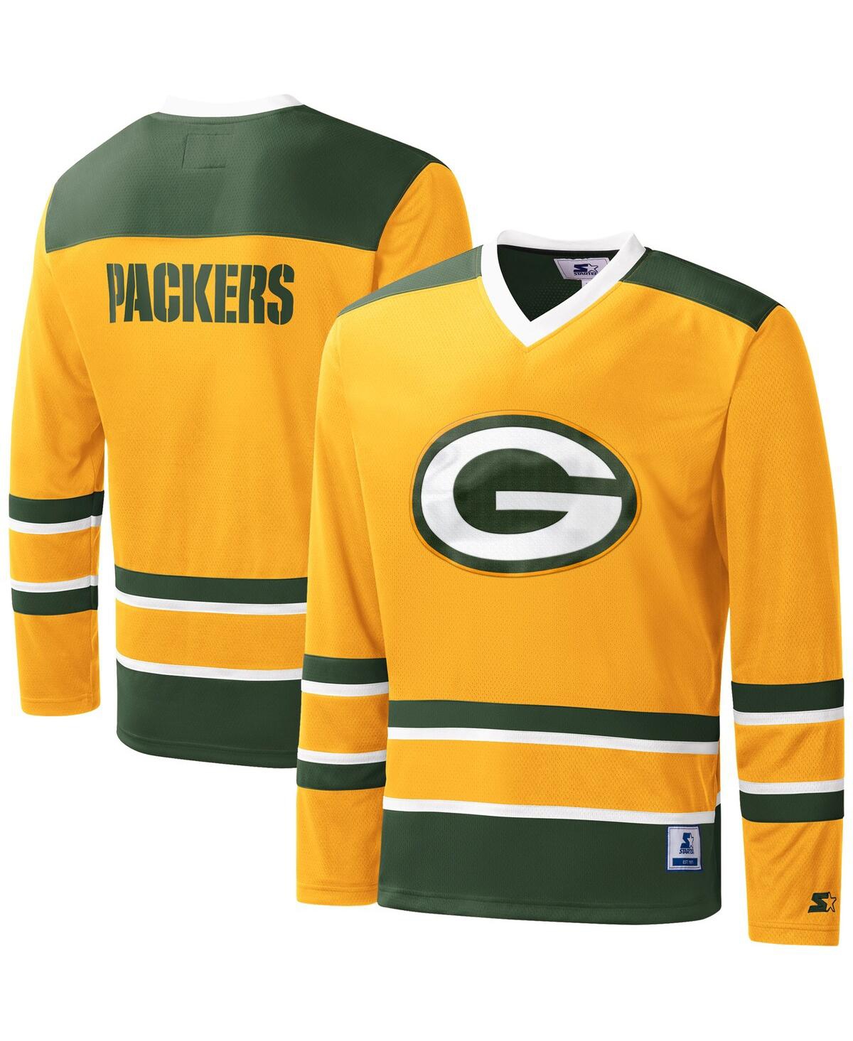 Shop Starter Men's  Gold Green Bay Packers Cross-check V-neck Long Sleeve T-shirt