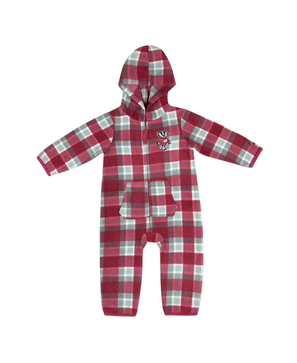 Colosseum Babies' Infant Boys And Girls  Red, Gray Wisconsin Badgers Farays Plaid Full-zip Hoodie Jumper In Red,gray