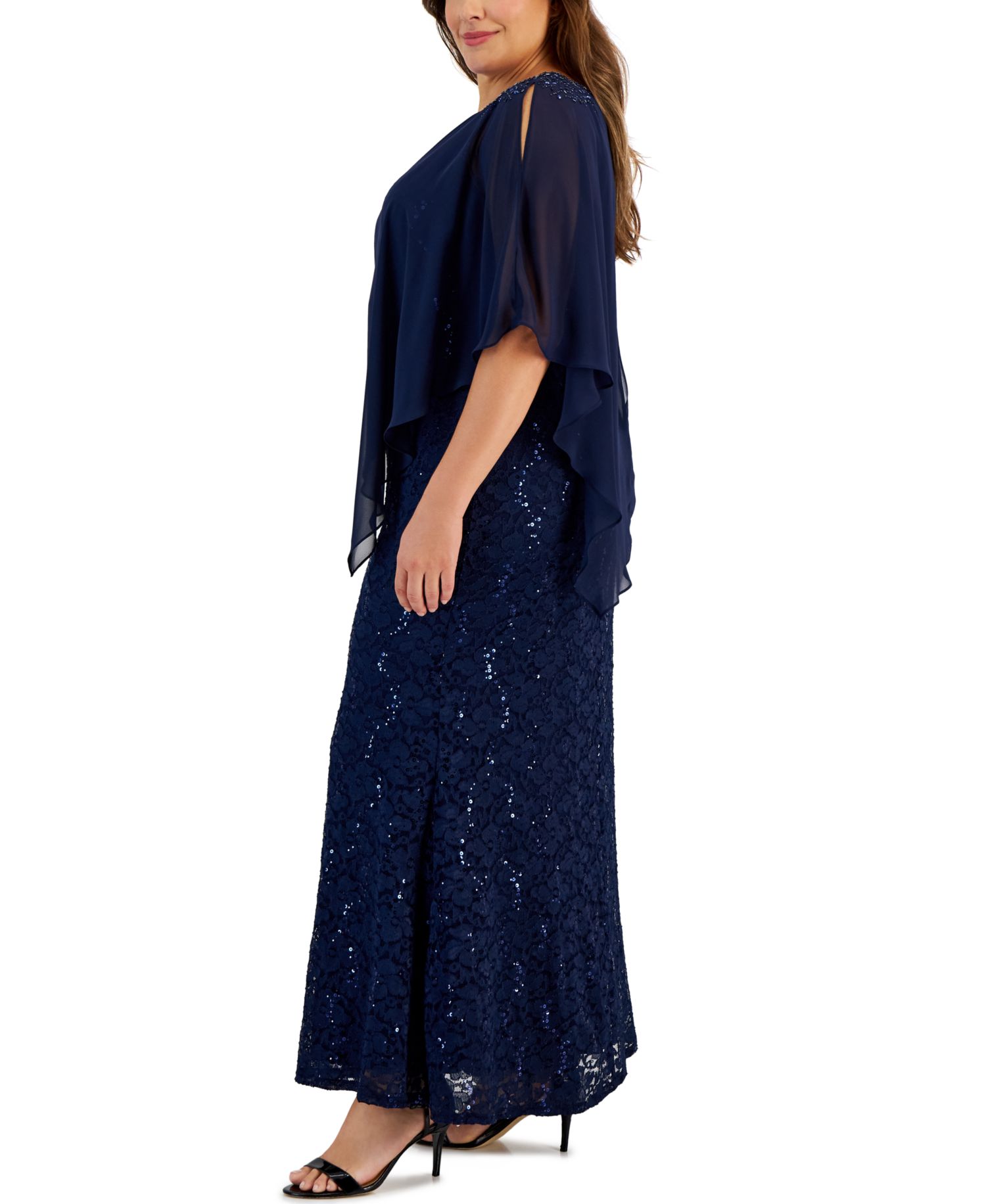 Plus Round-Neck Sequin Lace Cape Dress