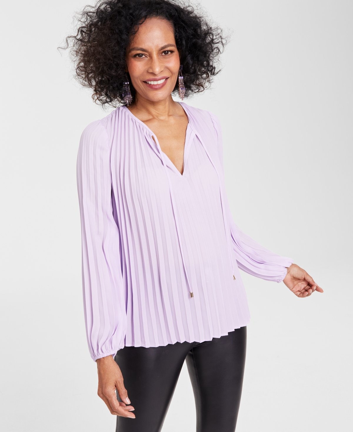 Women's Tie-Neck Pleated Blouse, Created for Macy's - Lavender Pool