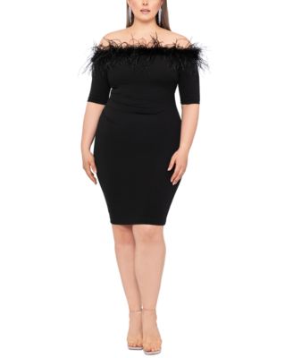 XSCAPE - Plus Size Feather-Trim Off-The-Shoulder Dress