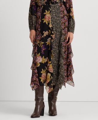 로렌 랄프로렌 Lauren Ralph Lauren Womens Mixed-Floral Ruffle-Trim Georgette Skirt,Black/tan/multi