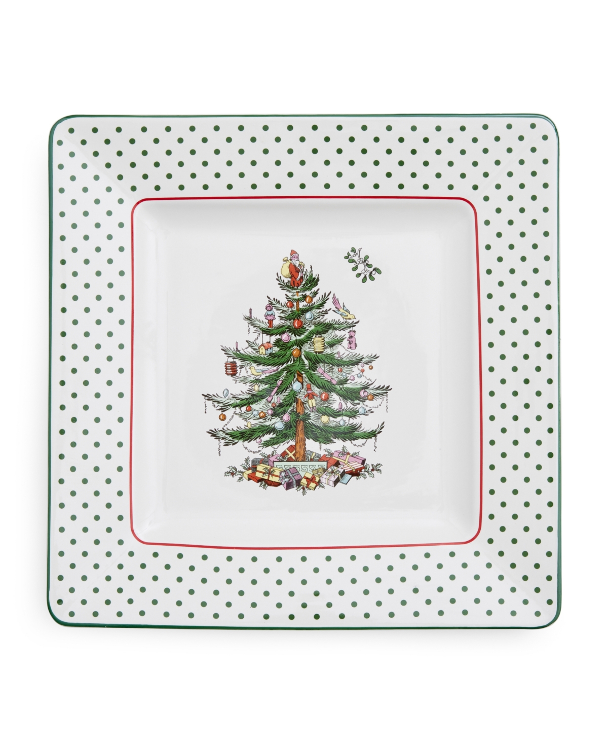 Spode Christmas Tree Polka Dot Square Platter, 10" L In Green