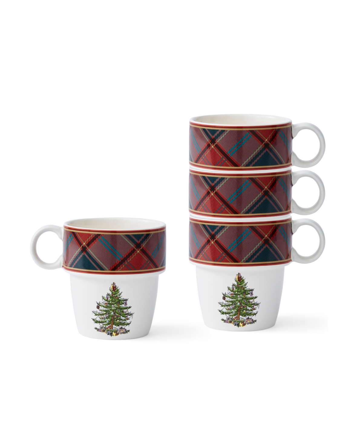 Christmas Tree Tartan Stacking Mugs, Set of 4 - Green