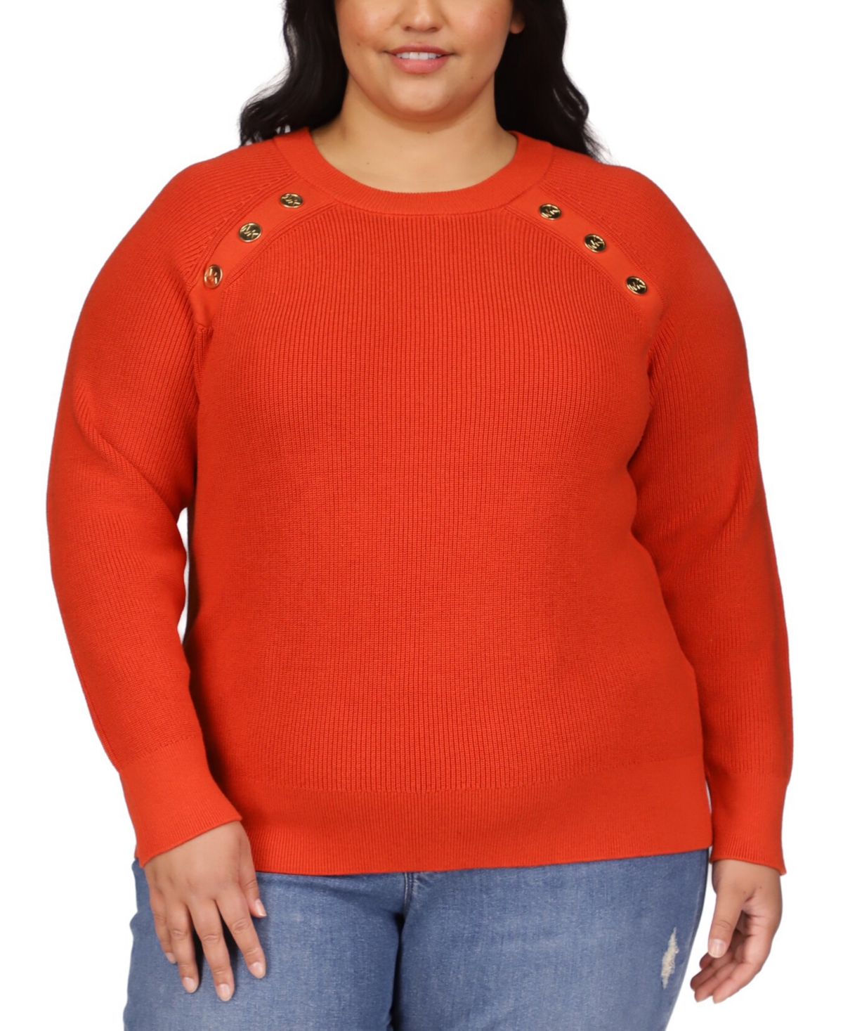 Michael Kors Michael  Plus Size Snap Raglan-sleeve Sweater In Burnt Terracotta