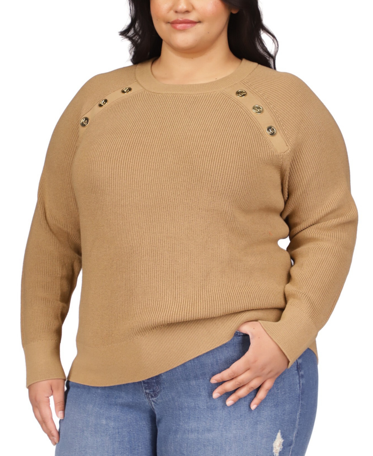 Michael Kors Michael  Plus Size Snap Raglan-sleeve Sweater In Dark Camel