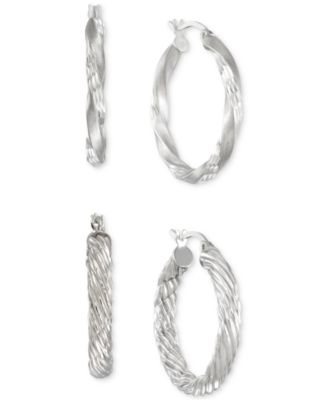 2-Pc. Set Rope and Satin Finish Round Hoop Earrings in 14k Gold-Plated Sterling Silver and Sterling Silver