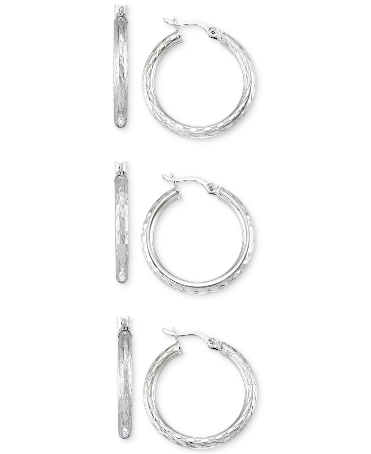 Macy's Set Of Three Textured Hoop Earrings In 14k Tri-gold Vermeil And Sterling Silver