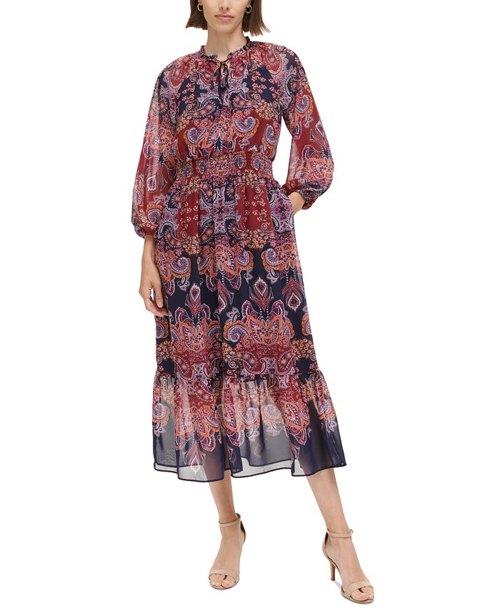 Vince Camuto Women's Printed Smocked Midi Dress - Macy's