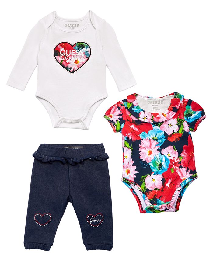 GUESS Baby Girls Floral Bodysuits and Knit Denim Joggers, 3 Piece