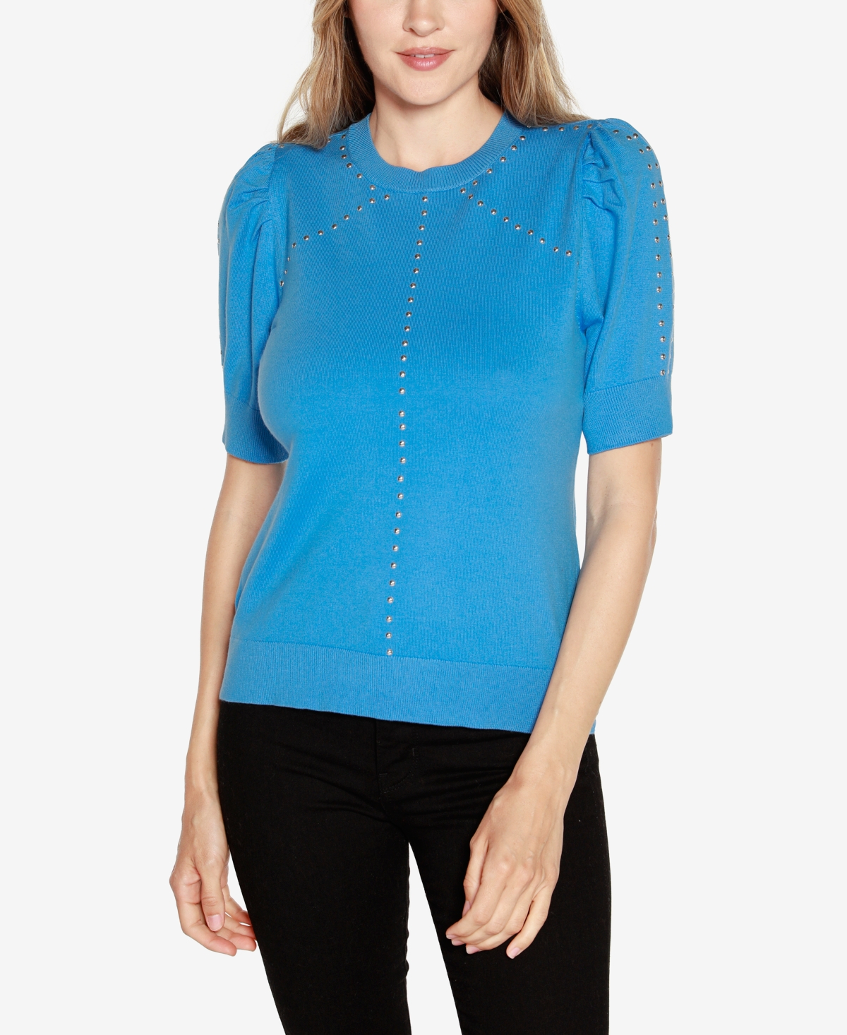 Belldini Women's Short Puff-sleeve Embellished Sweater In Blue Moon
